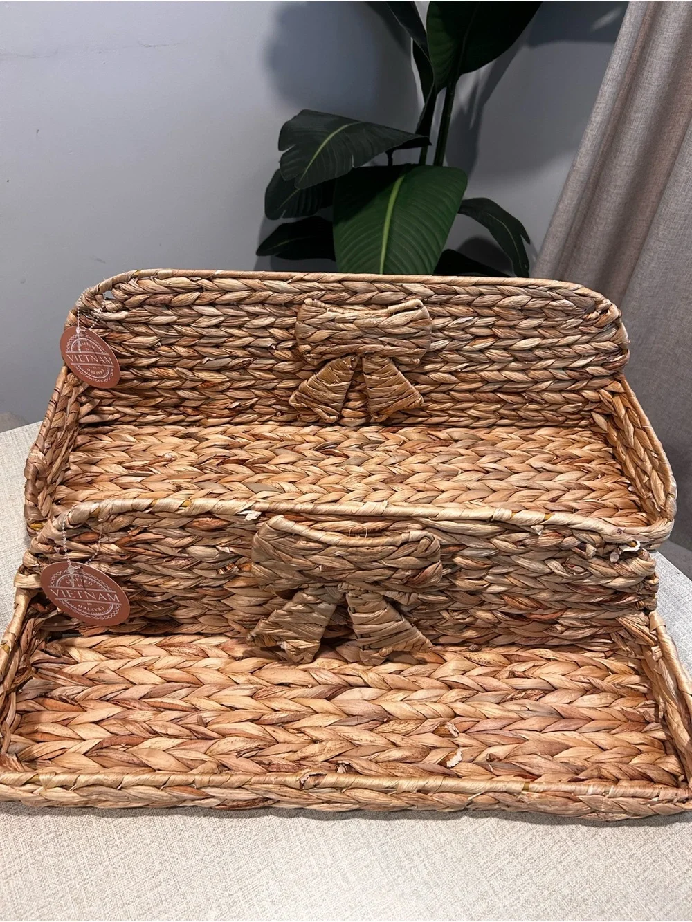 Set of 2 Woven Water Hyacinth Floating Shelves with Bow Accent Boho Wall Decor